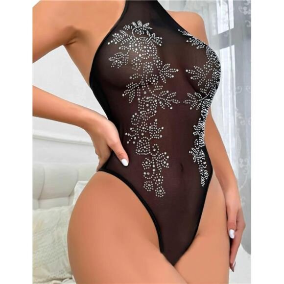 Women Teddy Lingerie Sexy Mesh Bodysuit Black2 - Picture 2 of 5